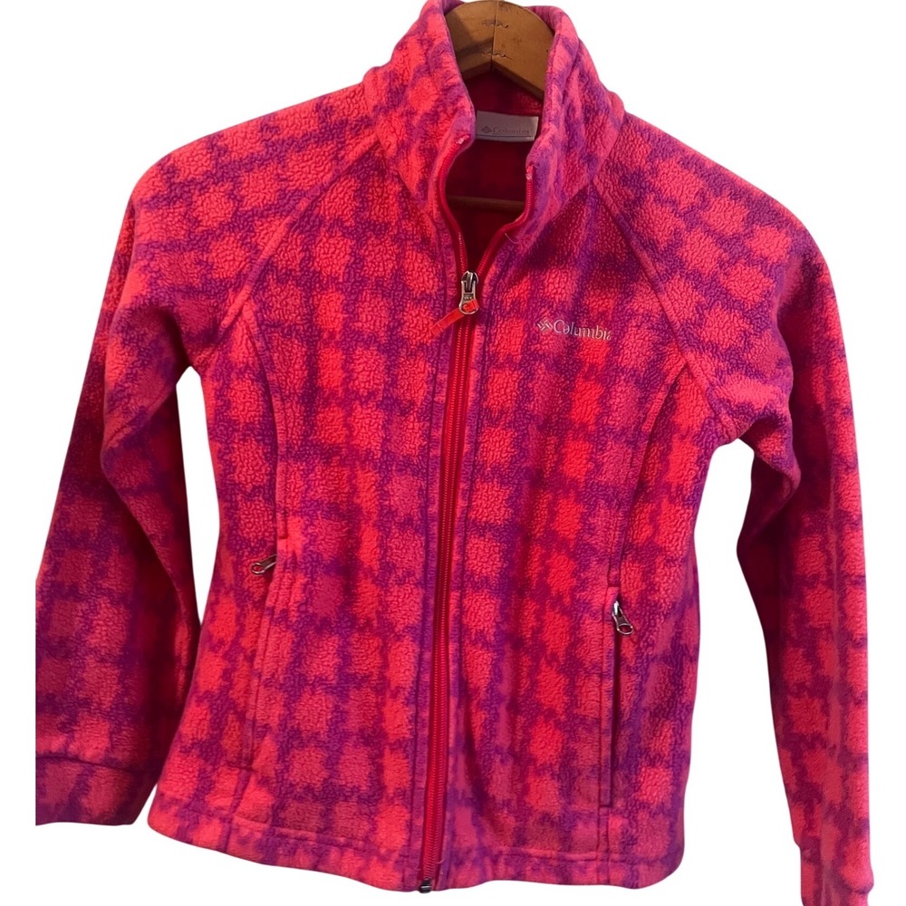 Columbia Fleece Jacket Kids Size S Pink Orange Plaid Full Zip EUC